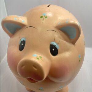 Enesco Large Peach Pink Piggy Bank with Blue and Green Floral Design